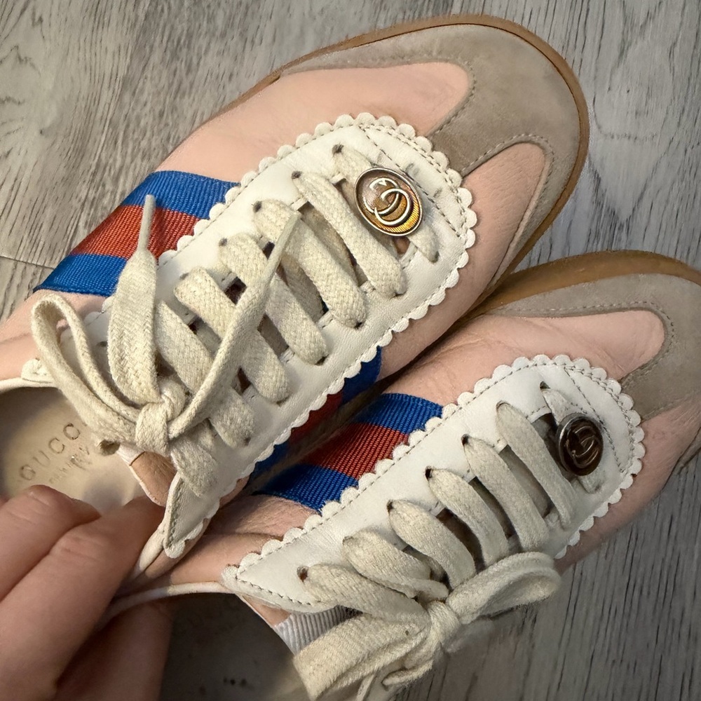 Gucci Women's Pink and Blue Stripe Sneakers - Picture 5 of 6